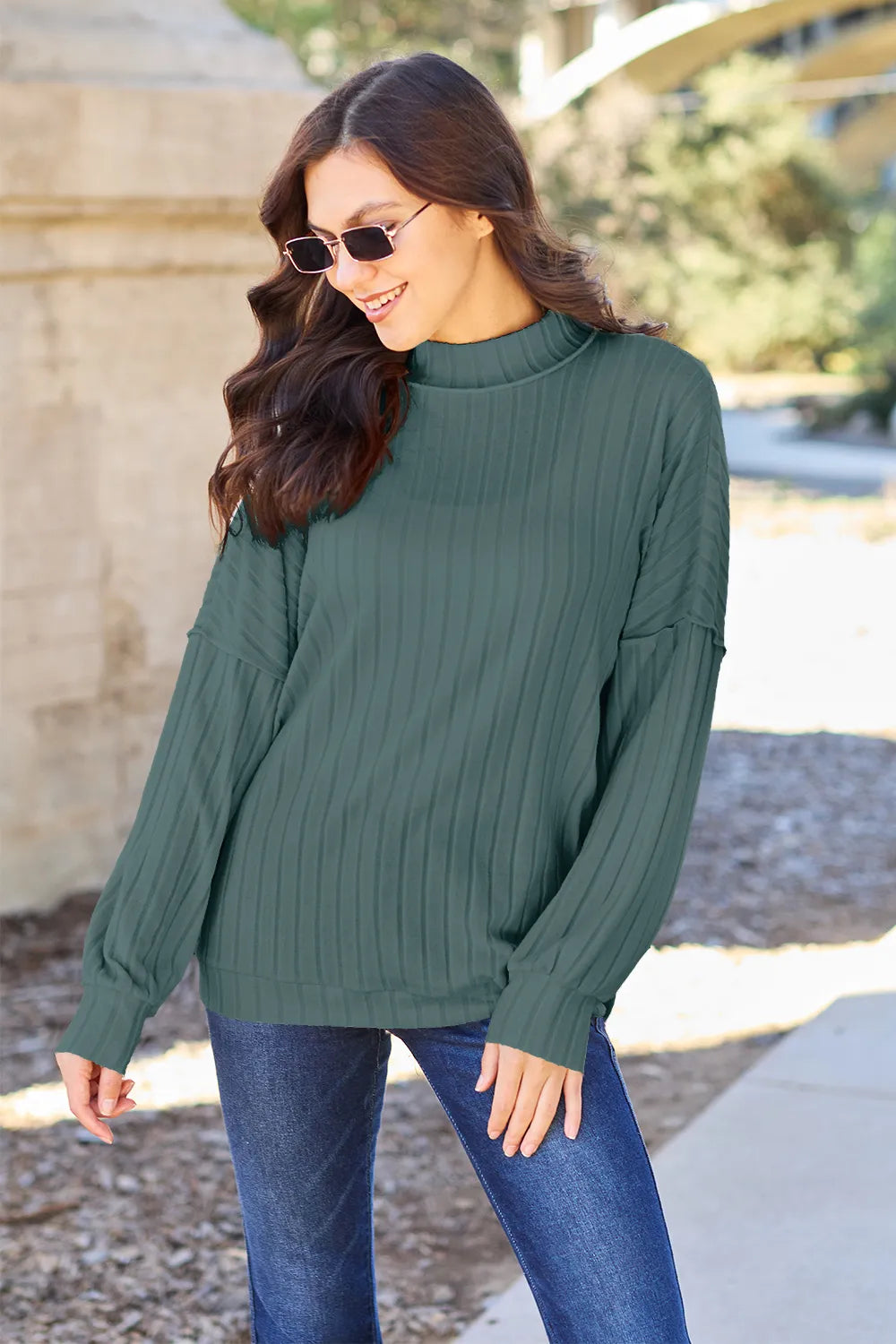 Basic Bae Full Size Ribbed Exposed Seam Mock Neck Knit Top - Turquoise