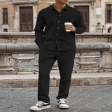 Men's Full Size Button Up Long Sleeve Shirt and Pants Set Plus Size - Khaki