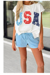USA Color Block Letter Graphic Dolman Tee - White