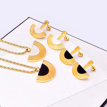 Geometric Half-Circle 18K Gold-Plated Necklace Ring and Earrings Jewelry Set - Black
