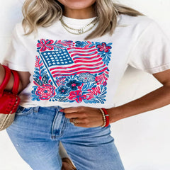 Floral Flag Aesthetics Patriotic Graphic T-Shirt - White