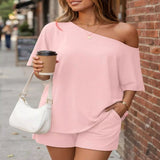 Full Size One Shoulder Top and Shorts Set Plus Size - Black