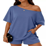 Full Size One Shoulder Top and Shorts Set Plus Size - Blue