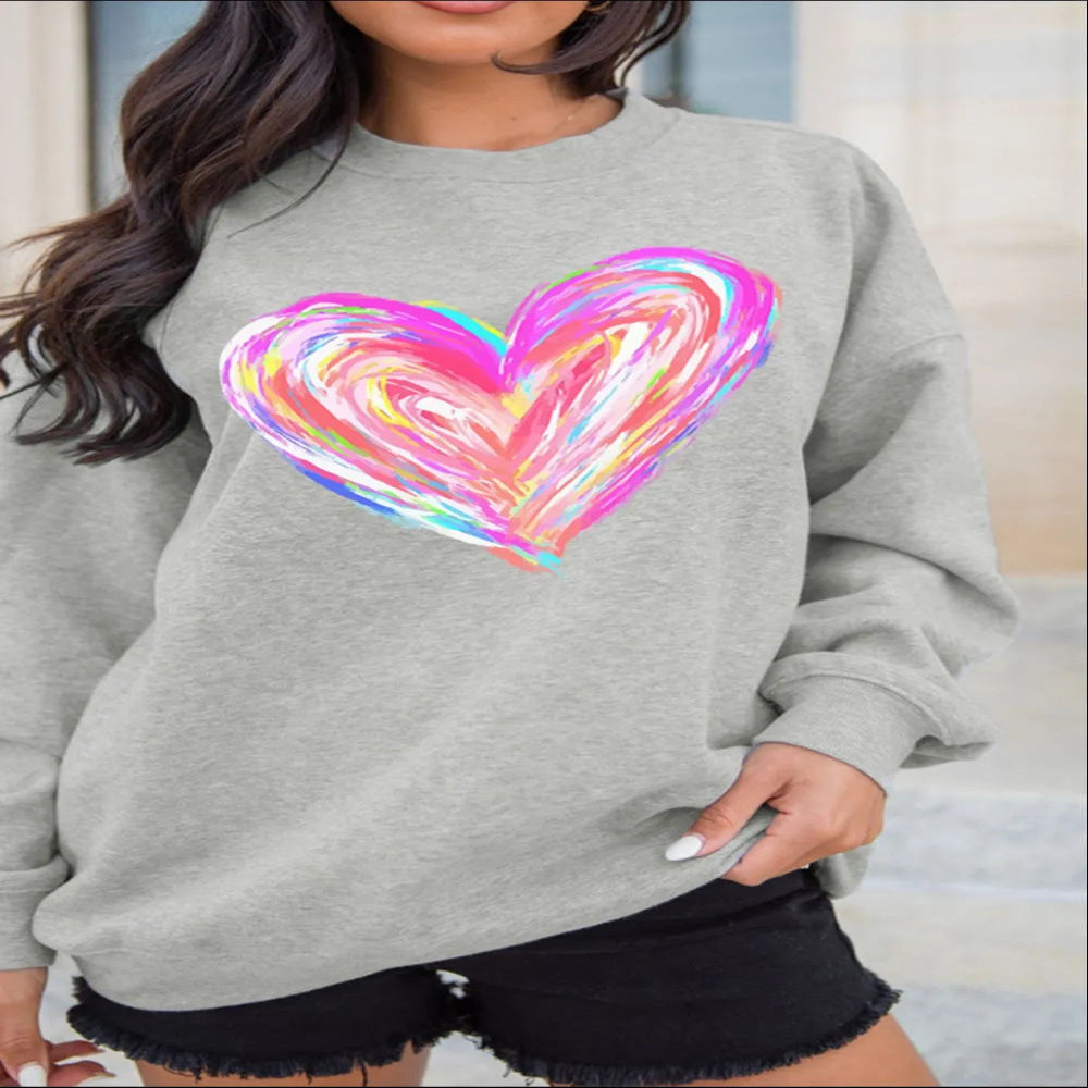 Valentine's Day Heart Round Neck Drop Shoulder Sweatshirt - Gray