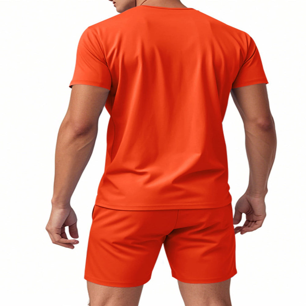 Men's Full Size V-Neck Short Sleeve T-Shirt and Shorts Set Plus Size - Orange