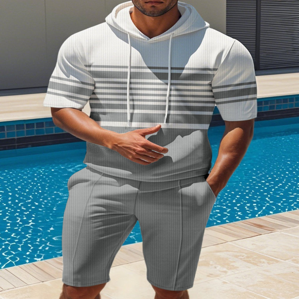 Men's Full Size Striped Short Sleeve Hoodie and Shorts Set Plus Size - Black