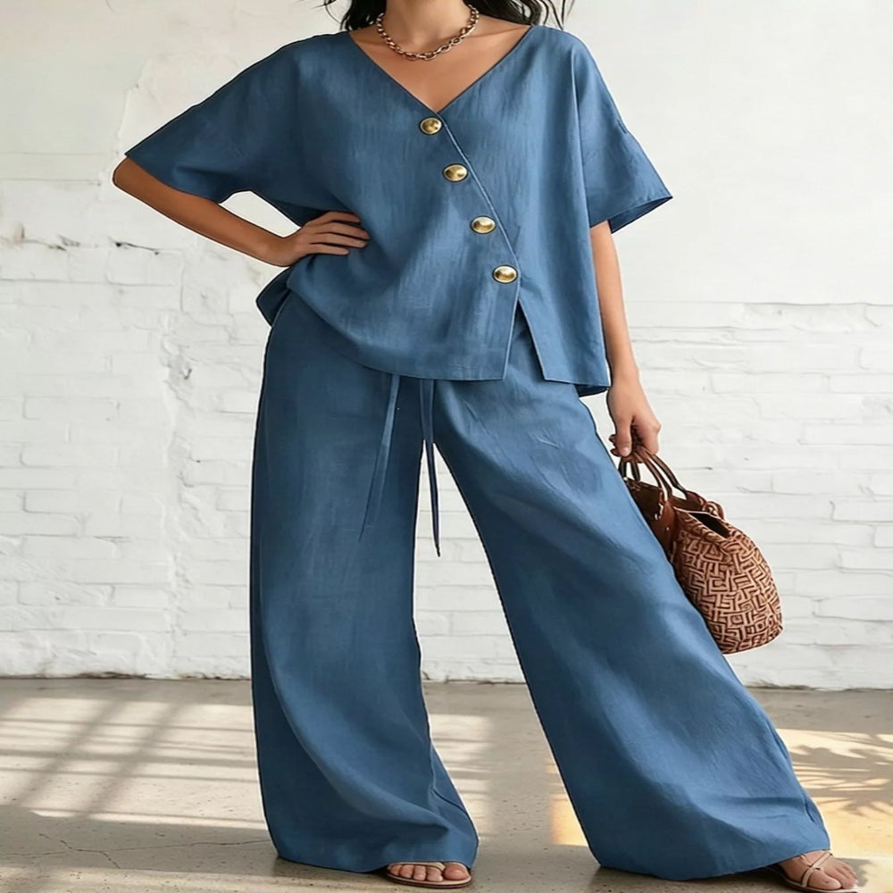 Full Size Surplice Half Sleeve Top and Wide-Leg Pants Set Plus Size - Blue