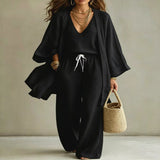 V-Neck Top & Cardigan & Pants Three-Piece Set - White