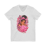 Pink Butterfly Girl V‑Neck Tee — Cute Afrocentric Illustration