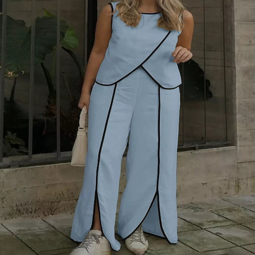 Contrast Trim Sleeveless Top and Wide-Leg Pants Set - White