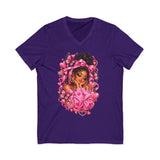Pink Butterfly Girl V‑Neck Tee — Cute Afrocentric Illustration