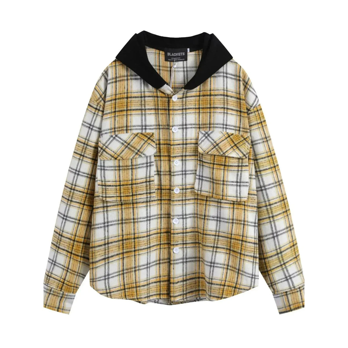 Men's Plaid Button Up Hooded Shirt - Yellow