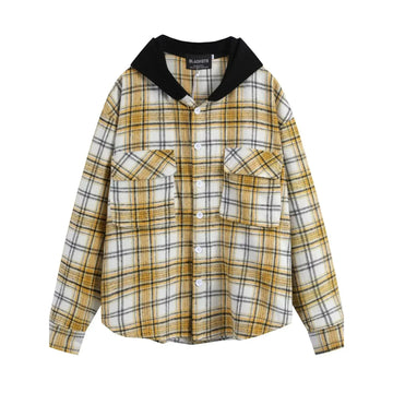 Men's Plaid Button Up Hooded Shirt - Yellow