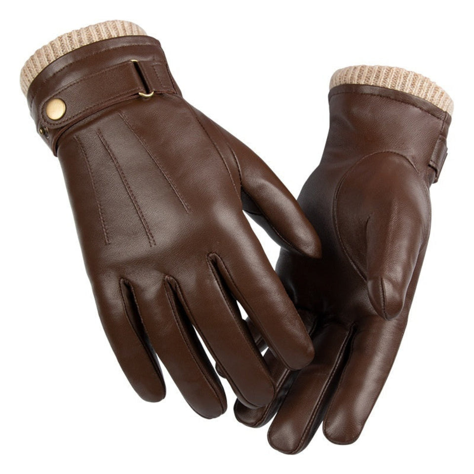 Men's black genuine leather winter gloves with fleece lining and touchscreen fingertips for winter warmth.
