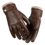 Men's black genuine leather winter gloves with fleece lining and touchscreen fingertips for winter warmth.