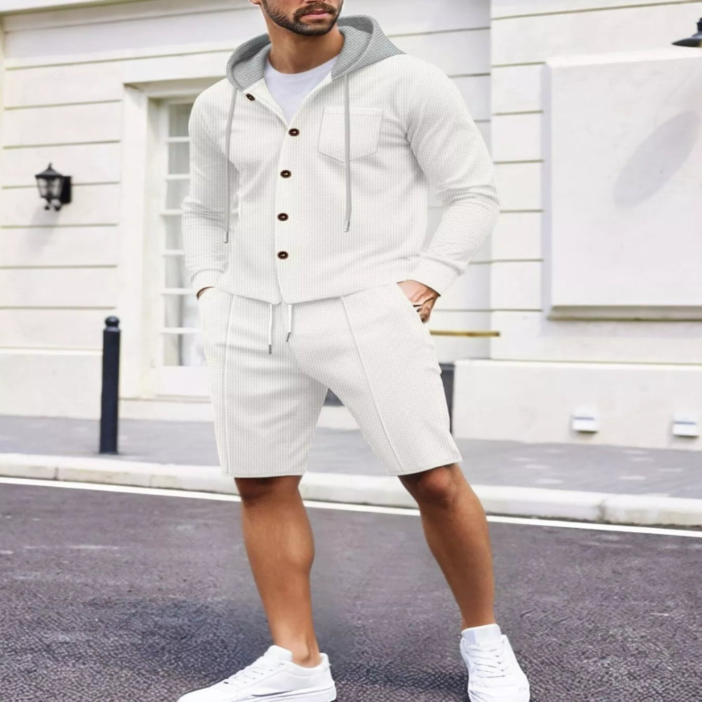 Men's Full Size Casual Hooded Button-Up Top and Shorts Set Plus Size - White