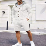 Men's Full Size Casual Hooded Button-Up Top and Shorts Set Plus Size - White