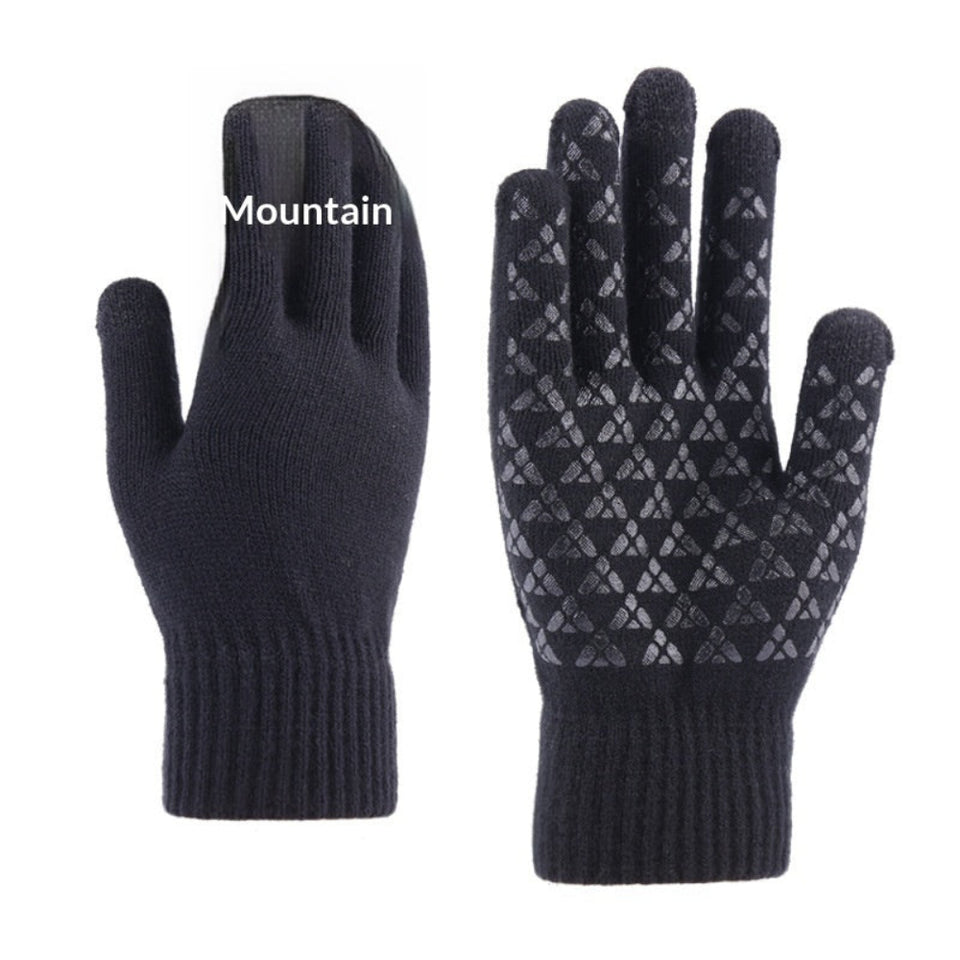 Knitted winter touchscreen wool gloves for men and women with warm soft fabric for cold-weather use.