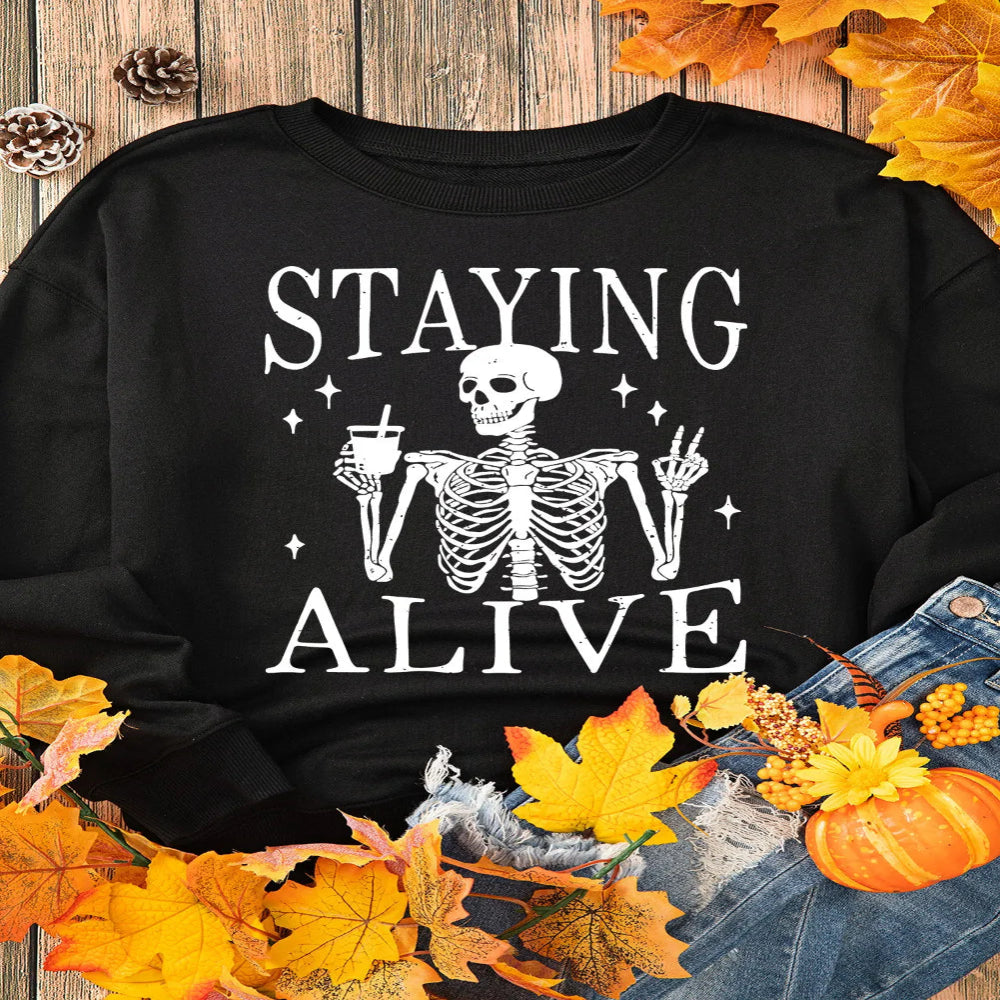 Skull Graphic Round Neck Long Sleeve Sweatshirt - Black