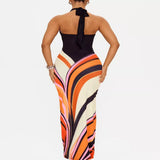 Halter Neck Maxi Dress with Abstract Print - Black