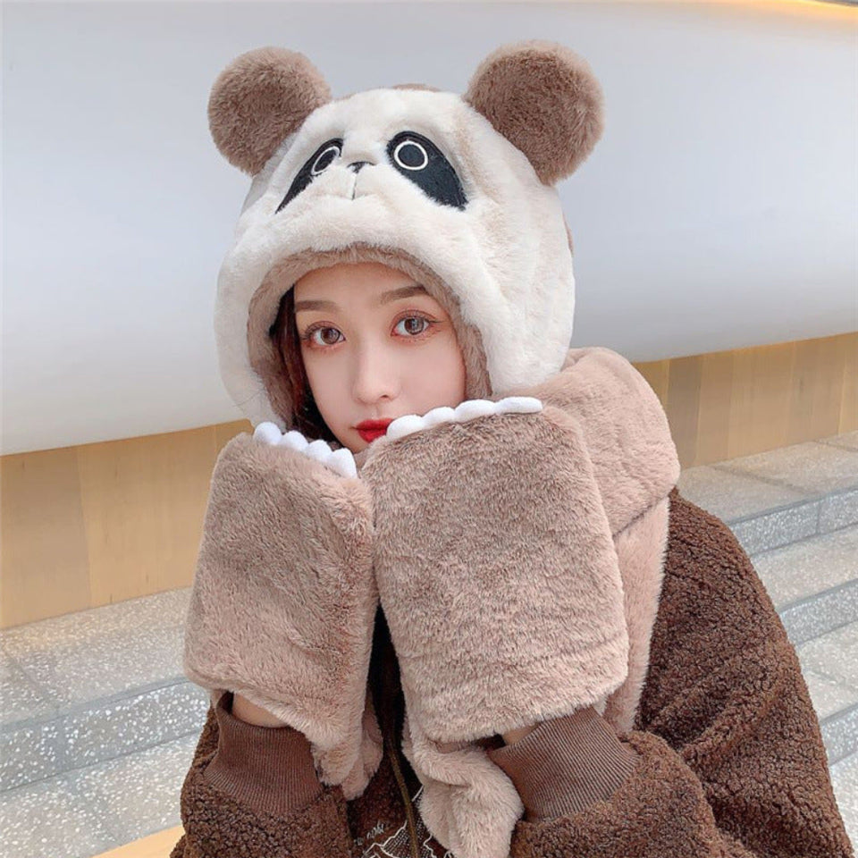 Women's winter hat, scarf, and gloves 3-piece set with soft warm knit fabric and cute bear design for cold weather.