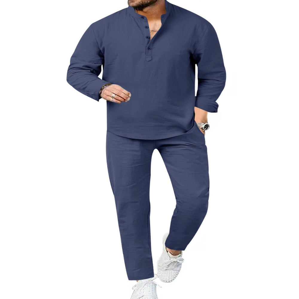 Men's Full Size Casual Long Sleeve Shirt and Pants Set Plus Size - Black