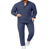 Men's Full Size Casual Long Sleeve Shirt and Pants Set Plus Size - Black