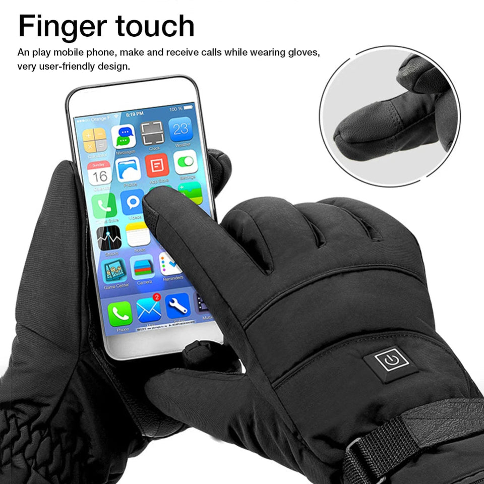 Rechargeable heated motorcycle touchscreen gloves for winter riding.