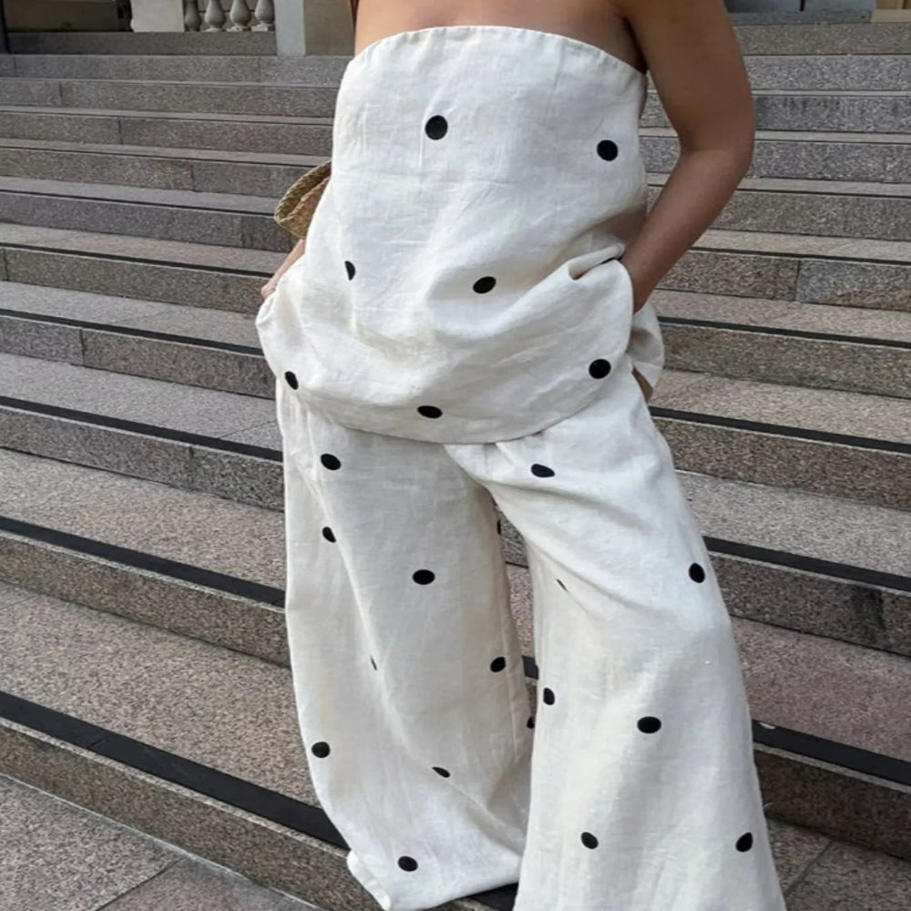 Polka Dot Tube Top and Pants Set - Beige