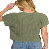 Zenana Textured Knit V-Neck Cropped Sweater - LT OLIVE