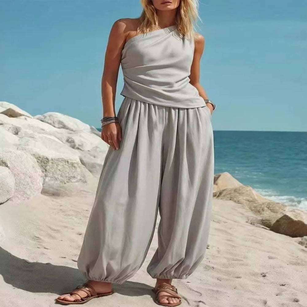 Full Size One-Shoulder Top and Wide-Leg Pants Set Plus Size - Light Blue