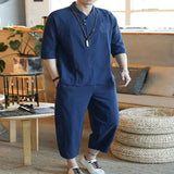 Men's Plus Size 3/4 Sleeve Top and Pants Set - Navy Blue