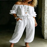 Full Size Off-Shoulder Top and Pants Set Plus Size - White