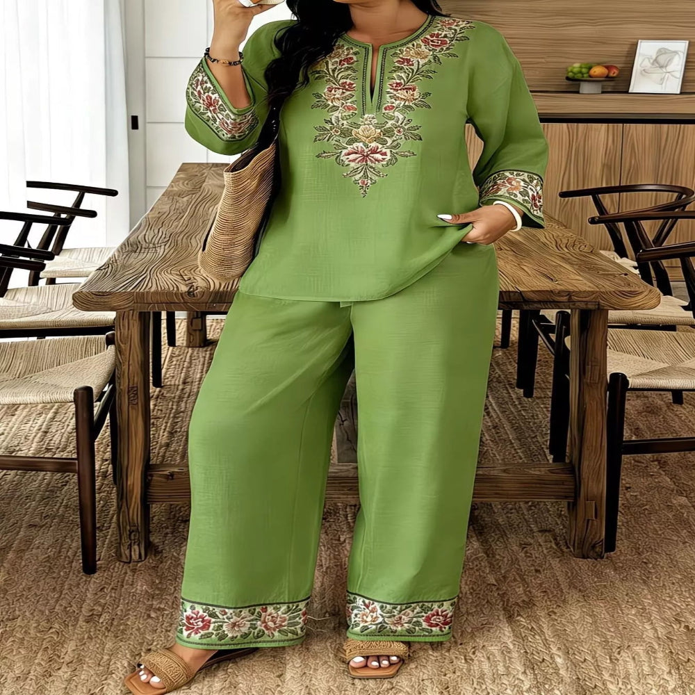 Full Size Embroidered Long Sleeve Top and Pants Set Plus Size - White