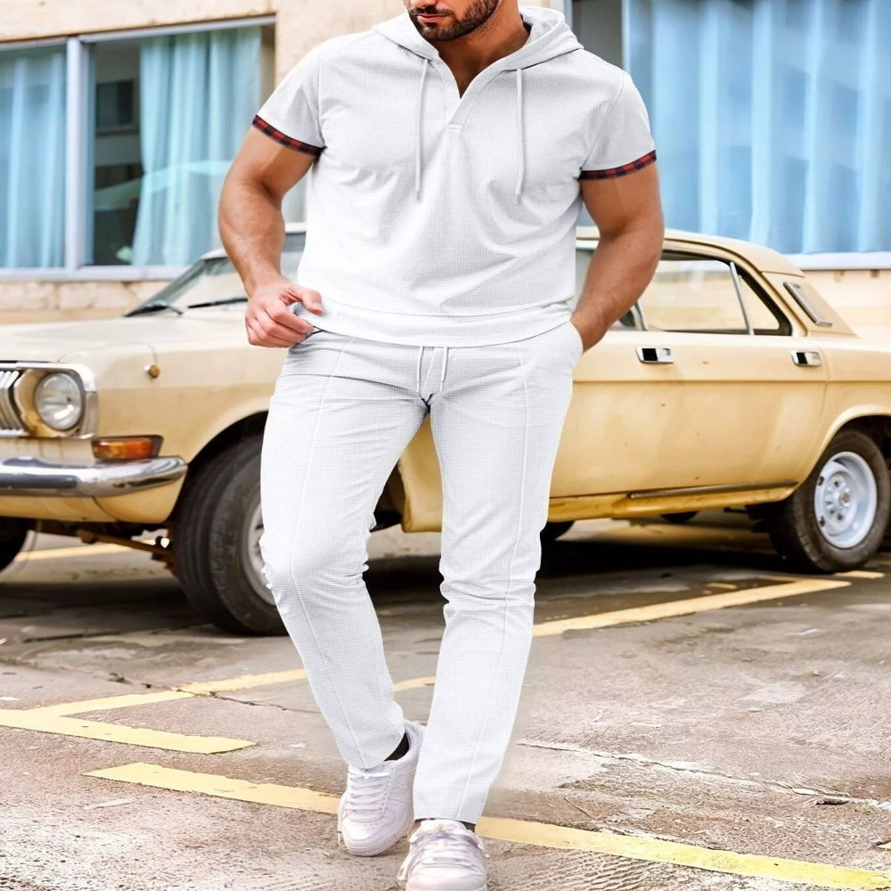 Men's Full Size Casual Short-Sleeve Hoodie and Pants Set Plus Size - Blue