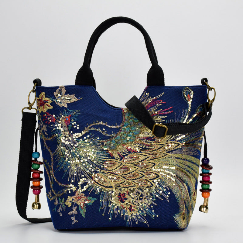 Canvas peacock embroidery small handbag - Black