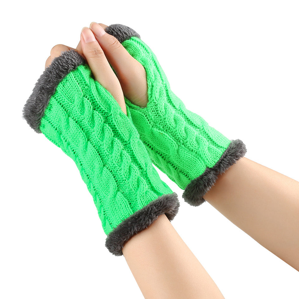 Women's knitted fingerless plush winter gloves with soft fleece lining.