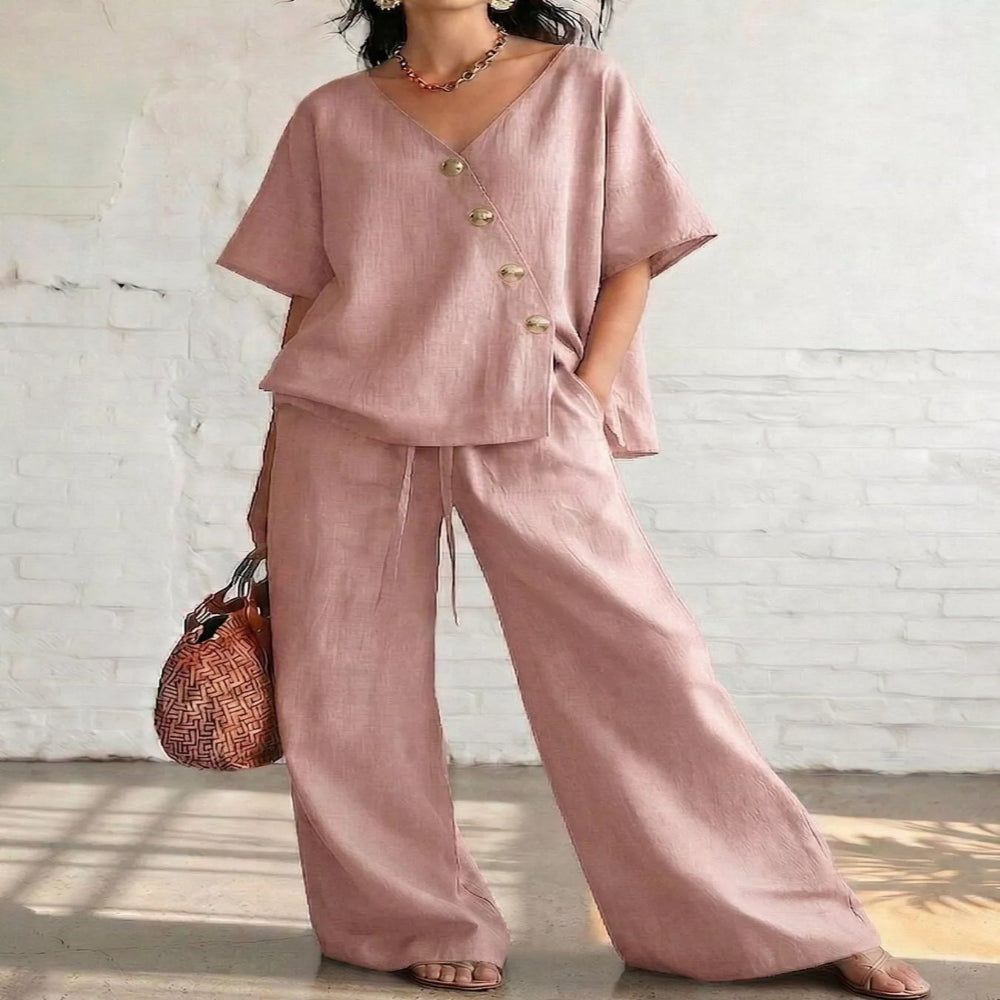 Full Size Surplice Half Sleeve Top and Wide-Leg Pants Set Plus Size - Blue