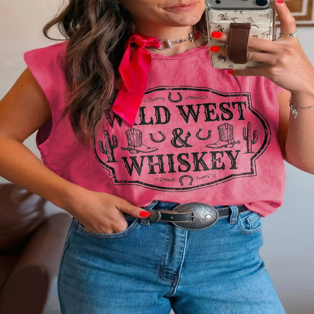 Washed Wild West Whiskey Print Sleeveless Muscle Top - Deep Rose