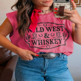 Washed Wild West Whiskey Print Sleeveless Muscle Top - Deep Rose
