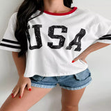 USA Letter Printed Varsity Striped Sleeve Round Neck Tee - White