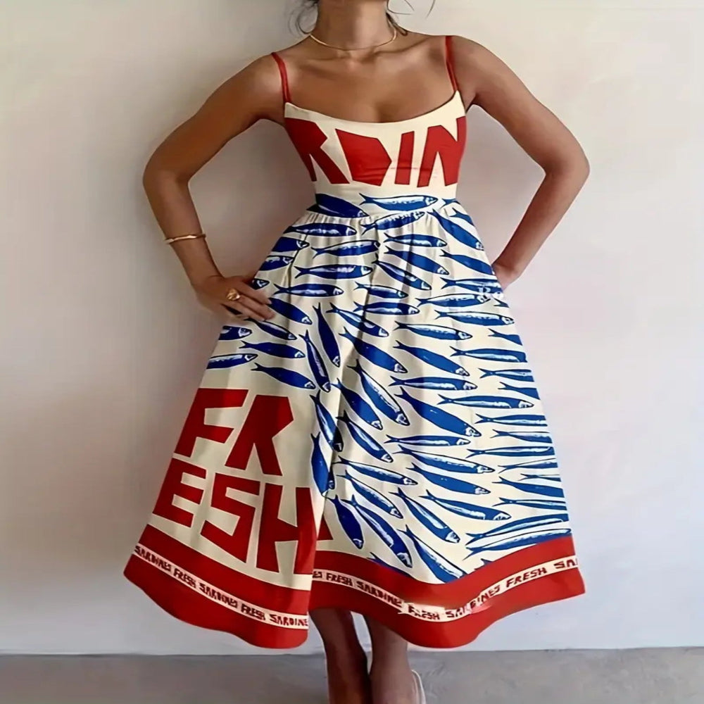 Sardine Print Spaghetti Strap Midi Dress - Rust