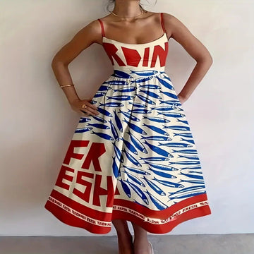 Sardine Print Spaghetti Strap Midi Dress - Rust
