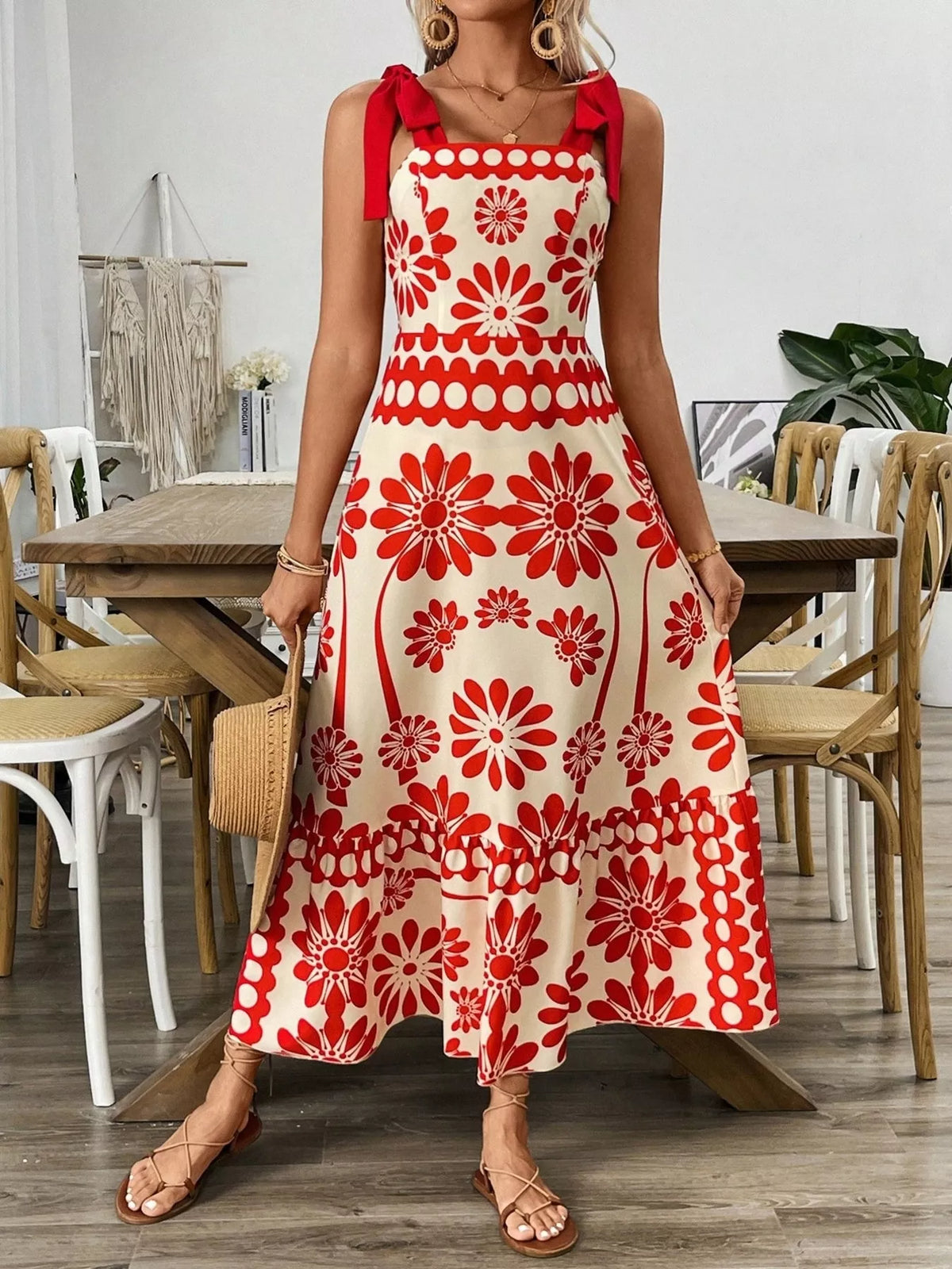 Floral Smocked Strapless Maxi Dress - Red