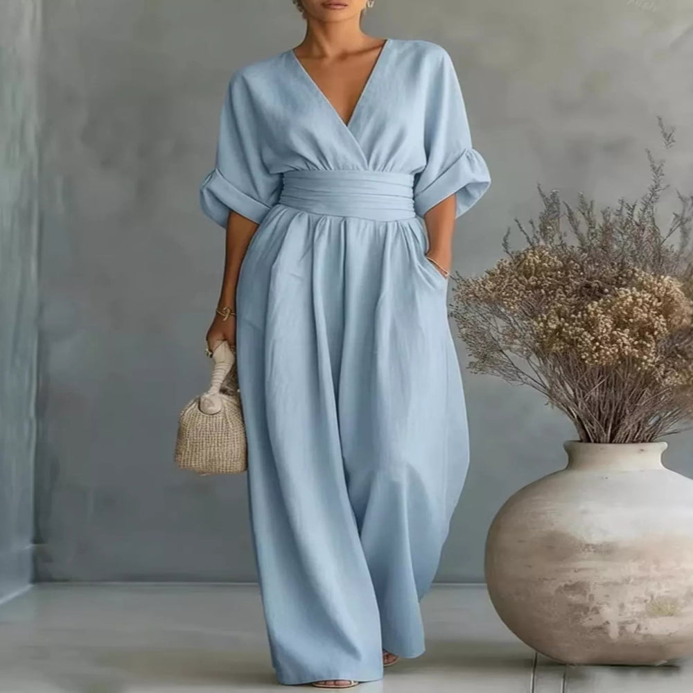 Full Size Half Sleeve Wide Leg Jumpsuit Plus Size - Light Blue