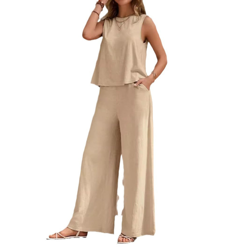Women's casual two-piece outfit with sleeveless top and wide-leg pants set