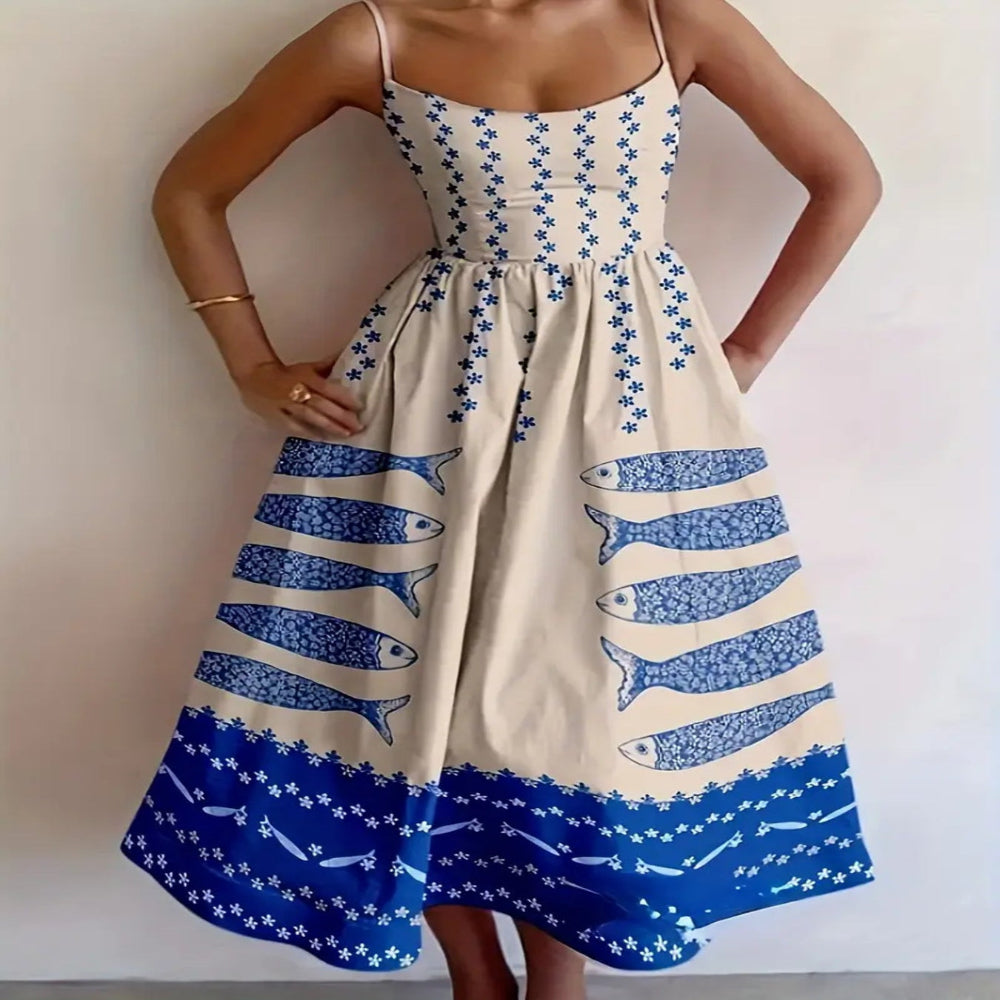 Sardine Print Spaghetti Strap Midi Dress - Rust