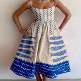 Sardine Print Spaghetti Strap Midi Dress - Rust