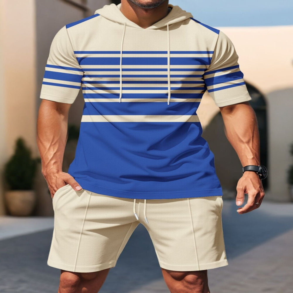 Men's Full Size Striped Short Sleeve Hoodie and Shorts Set Plus Size - Black