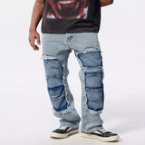 Men's Distressed Patchwork Jeans - Light Blue